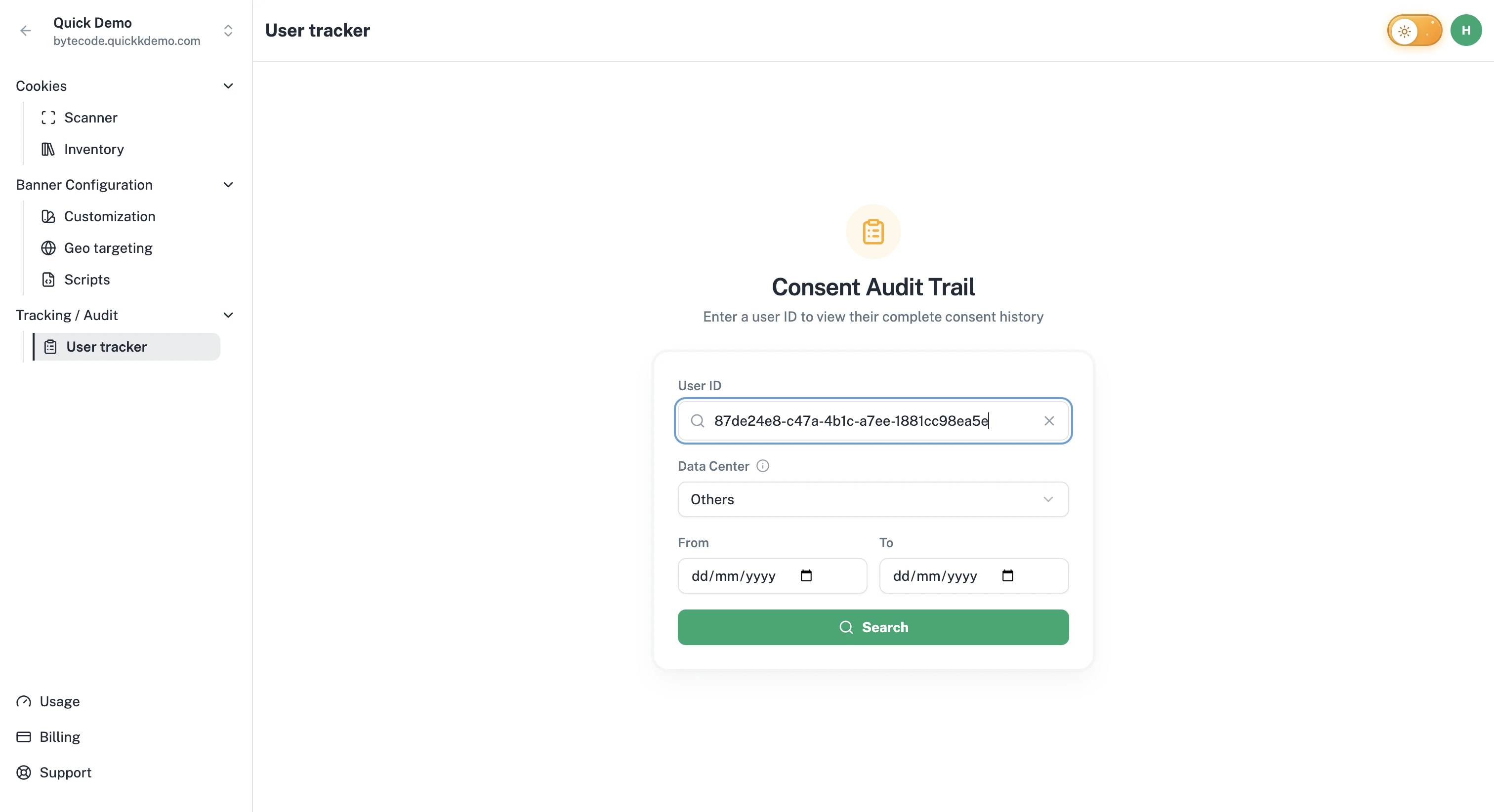 The Consent Audit Trail search screen with the User ID input, Data Center selector, and From/To date pickers.