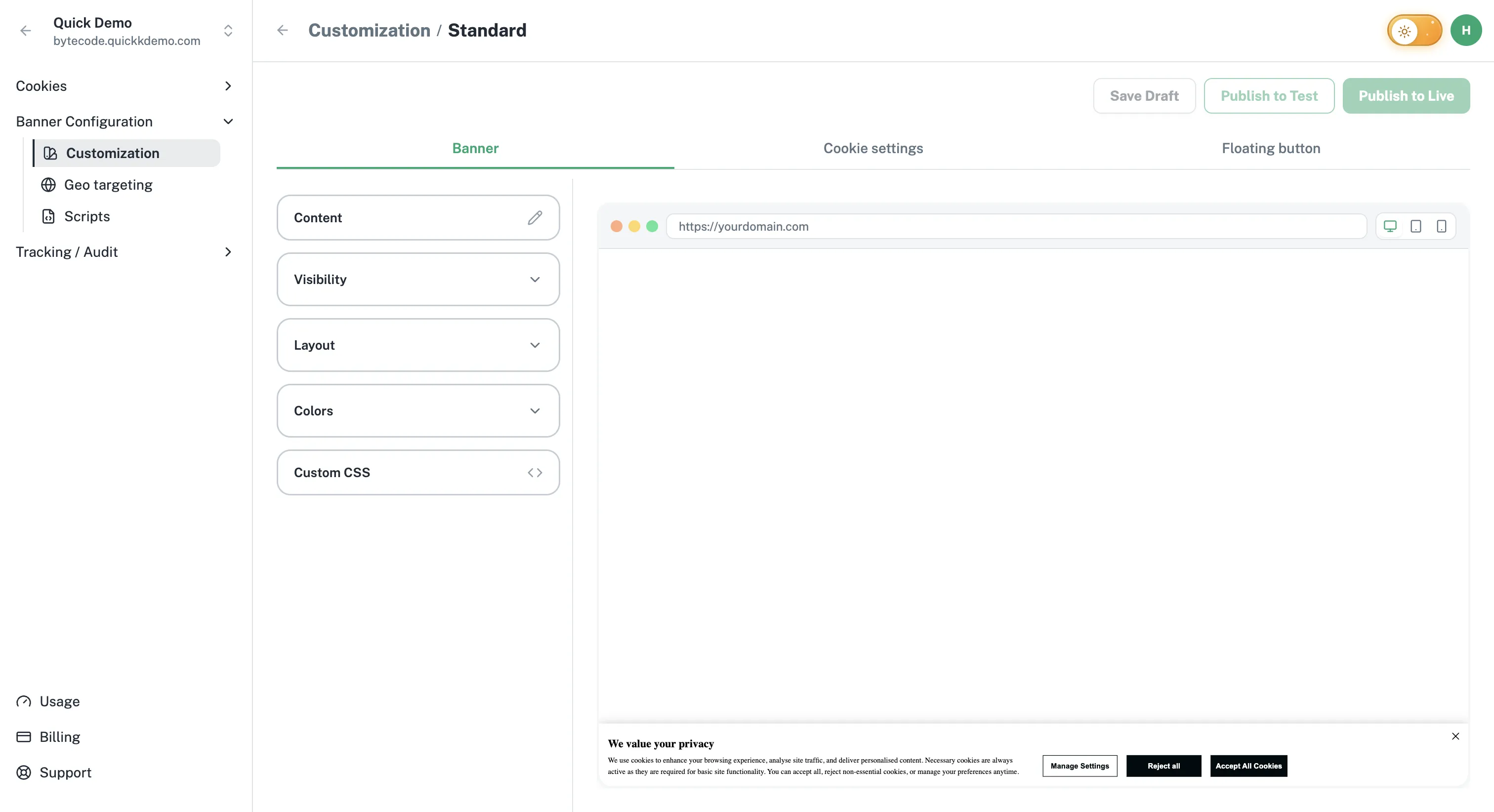 The Customization screen with three tabs at the top: Banner, Cookie settings, and Floating button.