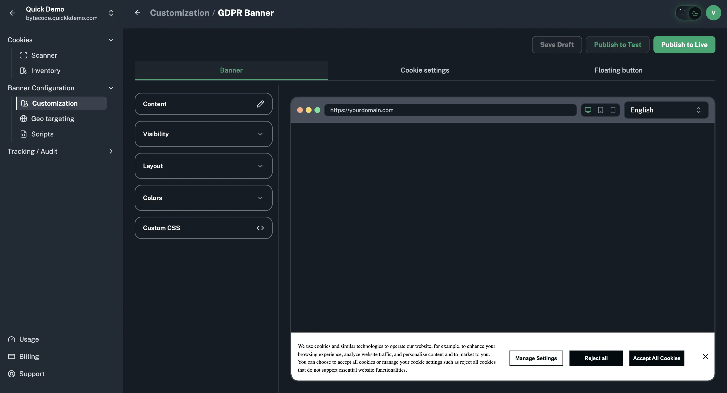 A wide screenshot of the One Privacy dashboard with the live banner preview.